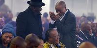 Bheki Cele and Gwede Mantashe share a light moment at the official announcement at the IEC National Results Operation Centre in Midrand on 02 June 2024.(Photo: Felix Dlangamandla)