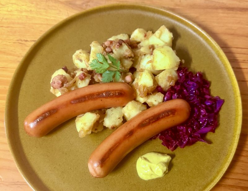 WHAT’S COOKING: Bockwurst with a warm potato and bacon salad and braised red cabbage