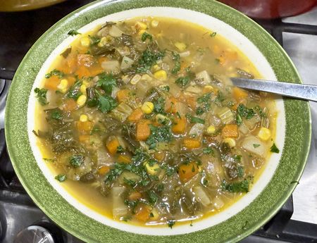 Chunky vegetable soup built on a sherry roux base
