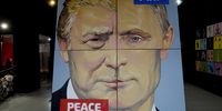 An artwork titled 'The Peace' (2017) by Russian artist Alexey Sergienko showing Russian President Vladimir Putin and US President Donald Trump is once again on display at the artist's gallery in St. Petersburg, Russia, 12 March 2025. The artist first showcased the painting in 2017 when the two Presidents met for the first time at the G20 summit in Hamburg.  EPA-EFE/ANATOLY MALTSEV