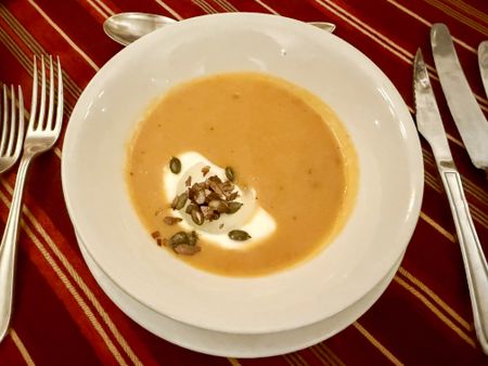Roast butternut soup with roasted garlic, spices and orange zest
