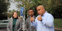 From left: Mayoral Committee Member for Community Services and Health Councillor Francine Higham, Ward 59 councillor Mikhail Manuel and Deputy Mayor Eddie Andrews speaking in Newlands during the first replanting in the southern suburbs following significant tree loss due to the Polyphagous Shot Hole Borer (PSHB) beetle. (Photo: Kristin Engel)