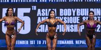 Female bodybuilders pose during the final round of the 55th Asian Bodybuilding and Physique Sports Championship 2023 in Kathmandu, Nepal, 06 September 2023. A total of 45 men and 16 women athletes from 25 countries in Asia participated in the competition. India's Saravanan Mani won the 55th Asian Bodybuilding and Physique Sports Championship.  EPA-EFE/NARENDRA SHRESTHA