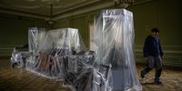 LVIV, UKRAINE - APRIL 29: Robert Saller, an artist who works in the exhibition department, walks past some of the last remaining items in the empty galleries and hallways of the Potocki Palace, home of the Borys Voznytsky National Gallery, on April 29, 2022 in Lviv, Ukraine. The gallery has now moved nearly all of its items to a secret storage location with a small selection still in the process of being securely and safely transported. Galleries and museums across Ukraine have been moving their artworks and historical items into storage, in advance of any possible rocket strikes or other military action. In a statement, the Borys Voznytsky national Gallery said:"War is not only physical murder and destruction, but also a moral attack to culture. We are making every effort to preserve and create cultural initiatives and institutions which lead Ukrainian society and the entire democratic civilisation forward".  (Photo by Leon Neal/Getty Images)
