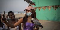 epa09445695 A young lady carries two parrots from 'The Durban city bird man', Tom van Niekerk (not pictured) on the beach front, Durban, South Africa, 03 September 2021. The beach  promenade is popular for locals and visitors alike as the warm climate on the Indian Ocean means warm sea temperatures ideal for swimming and surfing.  EPA-EFE/KIM LUDBROOK