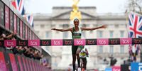Sifan Hassan of Netherlands celebrates while crossing the finish line to win the Elite Woman's Marathon during the 2023 TCS London Marathon on April 23, 2023 in London, England. (Photo by Alex Davidson/Getty Images)