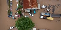 An aerial image of a flooded truck yard in prospecton after floods wreaked havoc in Durban. 13 April 2022.<br>Photo: Shiraaz Mohamed.