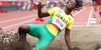 epa09386787 Tajay Gayle of Jamaica competes in the Men's Long Jump final during the Athletics events of the Tokyo 2020 Olympic Games at the Olympic Stadium in Tokyo, Japan, 02 August 2021.  EPA-EFE/DIEGO AZUBEL