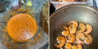 The wet paste, left, and the prawns cooking, right. (Photos: Tony Jackman)<br>
