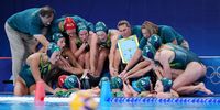 Players of Team Australia react in a huddle during the Women's Preliminary Round Group A match between Team Netherlands and Team Australia on day five of the Olympic Games Paris 2024 at Aquatics Centre on July 31, 2024 in Paris, France. (Photo by Clive Rose/Getty Images)