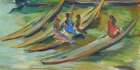 Irma Stern’s striking 1942 gouache Canoes on the Congo River.