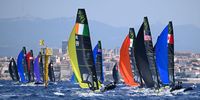 A general view of the start of the Men's Skiff fleet during Day Three of the Paris 2024 Sailing Test Event at Marseille Marina on July 11, 2023 in Marseille, France. (Photo by Clive Mason/Getty Images)