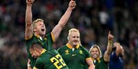 Pieter-Steph Du Toit and Handre Pollard of South Africa celebrate victory at full-time following the Rugby World Cup France 2023 Quarter Final match between France and South Africa at Stade de France on October 15, 2023 in Paris, France. (Photo by Hannah Peters/Getty Images)