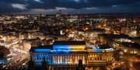 LIVERPOOL, UNITED KINGDOM - FEBRUARY 24:  Liverpool's historic St George's Hall is illuminated in yellow and blue in support and solidarity with the people of Ukraine on February 24, 2022 in Liverpool, United Kingdom. The prime minister said  he was "appalled by the horrific events in Ukraine" and that "President Putin has chosen a path of bloodshed and destruction by launching this unprovoked attack on Ukraine. The UK and our allies will respond decisively." (Photo by Christopher Furlong/Getty Images)