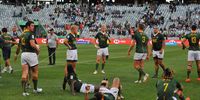 Dejected Blitzbokke after loosing to New Zealand during Day 3 of the 2019 HSBC Cape Town Sevens at Cape Town Stadium on 15 December 2019 in Cape Town. (Photo: Ziyaad Douglas / Gallo Images)
