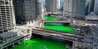 CHICAGO, ILLINOIS - MARCH 13: An aerial picture shot with a drone shows the Chicago River as it flows through downtown after it was dyed green in celebration of St. Patrick's Day on March 13, 2021 in Chicago, Illinois. The dyeing of the river, a St. Patrick's Day tradition in the city, was cancelled last year due to the COVID-19 pandemic. It was reported to be cancelled this year but the city approved a last-minute early-morning clandestine dyeing to keep the usual spectators at bay.  (Photo by Scott Olson/Getty Images)
