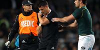 All Blacks flyhalf Daniel Carter suffered a shoulder injury after Bismarck du Plessis tackled him in the 16th minute of an epic battle at Eden Park. Du Plessis commiserated with Carter and was wrongly yellow-carded. The card was later rescinded. The match took place at  Eden Park on September 14, 2013 in Auckland, New Zealand. (Photo: Anthony Au-Yeung/Getty Images)