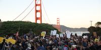 SAN FRANCISCO, CALIFORNIA - NOVEMBER 11: Protesters gather during an anti-vaccination rally at the Golden Gate Bridge on November 11, 2021 in San Francisco, California. Protesters against the COVID-19 vaccination gathered at the Golden Gate Bridge to rally against vaccine mandates. (Photo by Justin Sullivan/Getty Images)