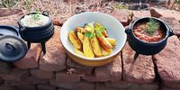 Bush food. Potato wedges and vegan potjie. Photo: supplied