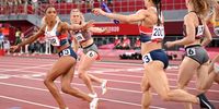 TOKYO, JAPAN - AUGUST 05:  Laviai Nielsen of Team Great Britain competes in the Women's 4x400 metres relay heats on day thirteen of the Tokyo 2020 Olympic Games at Olympic Stadium on August 05, 2021 in Tokyo, Japan. (Photo by Matthias Hangst/Getty Images)