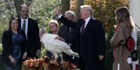 WASHINGTON, DC - NOVEMBER 20: U.S. President Donald Trump (5th L) participates in a turkey pardoning event as one of the two candidate turkeys Peas stands on a table at the Rose Garden of the White House November 20, 2018 in Washington, DC. The two turkeys, Peas and Carrots, will spend the rest of their lives in a farm after the annual Thanksgiving presidential tradition today.   (Photo by Alex Wong/Getty Images)