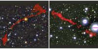 The two giant radio galaxies found with the MeerKAT telescope. In the background is the sky as seen in optical light. Overlaid in red is the radio light from the enormous radio galaxies, as seen by MeerKAT. Left: MGTC J095959.63+024608.6. Right: MGTC J100016.84+015133.0. (Images: Ian Heywood / Oxford / Rhodes / SARAO)