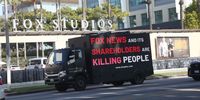 LOS ANGELES, CALIFORNIA - NOVEMBER 10: A mobile billboard commissioned by Media Matters for America circles the Fox Studio lot during Fox News' annual shareholder meeting on November 10, 2021 in Los Angeles, California. (Photo by Tommaso Boddi/Getty Images for Media Matters for America)
