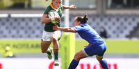 AUCKLAND, NEW ZEALAND - OCTOBER 08: Nadine Roos of South Africa is tackled by Laure Sansus of France during the Pool C Rugby World Cup 2021 New Zealand match between South Africa and France at Eden Park on October 08, 2022, in Auckland, New Zealand. (Photo by Phil Walter/Getty Images)