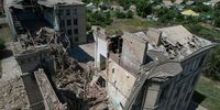 KOSTYANTYNIVKA, UKRAINE - JULY 17:  In this aerial view, attacked by C-300 surface-to-air missiles and Uragan rockets overnight, School number 16 lays in ruins and was empty at the time of the attack on July 17, 2023 in Kostyantynivka, Donetsk District, Ukraine. Many of the schools in the front line city have been destroyed with residents saying that only a few are left standing. According to the Ukrainian government well over 300 educational institutions have been damaged or destroyed.  (Photo by Paula Bronstein/Getty Images)