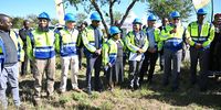 Limpopo Premier Stanley Mathabatha flanked by MECs Dr Phophi Ramathuba, Seaparo Sekwati and Enza Construction management team at the handing over of a construction site in Polokwane. May 2024. (Photo: Rudzani Tshivhase)