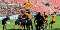 Eamon Doyle (c) guides the ball to Jacob Veiru of Australia during the U20 Rugby Championship match between New Zealand and Australia at Nelson Mandela Bay Stadium on May 01, 2025 in Gqeberha, South Africa. (Photo by Richard Huggard/Gallo Images)