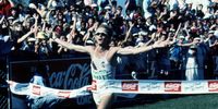  Bruce Fordyce cross the finish line during the Comrades Marathon on May 1990.<br>(Photo: Gallo Images)