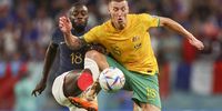 epaselect epa10321408 Dayot Upamecano (L) of France in action against Mitchell Duke of Australia during the FIFA World Cup 2022 group D match between France and Australia at Al Janoub Stadium in Al-Wakrah, Qatar, 22 November 2022.  EPA-EFE/JOSE SENA GOULAO PORTUGAL OUT