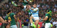 Aphelele Fassi and Mateo Carreras competing for a high ball during the Castle Lager Rugby Championship match between South Africa and Argentina at Mbombela Stadium on September 28, 2024 in Nelspruit, South Africa. (Photo by Johan Orton/Gallo Images)