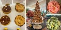 Croquembouche, centre, in papier maché, by David Ross and Alexandra Ross, 2021; pecan nut and apple and almond tarts, left, and blood orange and pistachio sorbets, right. (Photos: Tony Jackman) <br>
