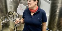 Tasting the 2021 vintages from the tank in the cellar, with Christa von La Chevallerie. (Photo: Bianca Coleman)<br>