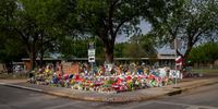 UVALDE, TEXAS - JUNE 01: A memorial dedicated to the 19 children and two adults killed on May 24th during the mass shooting at Robb Elementary School is seen on June 01, 2022 in Uvalde, Texas. Opening wakes and funerals for the 21 victims will be scheduled throughout the week.  (Photo by Brandon Bell/Getty Images)