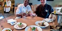 Thyme Out chef Craig Hutton and assistant Mthobisi Nkosi with some menu items: prawns, snails and a deconstructed lemon meringue. Inset: Jill Robertson, restaurant manager; succulent pork belly and sublime cheesecake. (Photos: Wanda Hennig)<br>