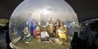 epa09670537 A view of an installation of the Nativity Scene near the Kazan's Cathedral in St. Petersburg, Russia, 06 January 2022. In the Christian tradition, the Nativity Scene is the special exhibition, particularly during the Christmas season, of art objects representing the birth of baby Jesus. Russians celebrate Christmas according to the Russian Orthodox' Julian Calendar, 13 days after Christmas Day (25 December), on the Gregorian Calendar.  EPA-EFE/ANATOLY MALTSEV