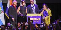 Zohran Mamdani (2-R), his father Mahmood Mamdani (L), spouse Rama Duwaji )2-L), and mother Mira Nair take the stage during an election night party hosted by the Democratic nominee in the Brooklyn borough of New York, USA, 04 November 2025. Mamdani has defeated Andrew Cuomo to win the New York mayoral election.  (Photo: EPA/SARAH YENESEL)