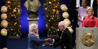 Anne L'Huillier receives The Nobel Prize in Physics 2023 from King Carl XVI Gustaf of Sweden at the Nobel Prize Awards Ceremony 2023 at Stockholm Concert Hall on December 10, 2023 in Stockholm, Sweden. (Photo by Pascal Le Segretain/Getty Images)