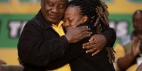 President Cyril Ramaphosa embraces second deputy-general Maropene Ramokgopa following the announcement of her election during the ANC's 55th national conference at Nasrec in Johannesburg, South Africa on 19 December 2022. (Photo: Leila Dougan)<br>