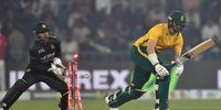 Nandre Burger of South Africa gets bowled by Abrar Ahemd of Pakistan during game two of the T20 International series between Pakistan and South Africa at Gaddafi Stadium on October 31, 2025 in Lahore, Pakistan. (Photo: Muhammad Sameer Ali/Getty Images)