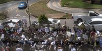 An image taken from the top of the pedestrian overhead bridge linking the taxi rank to the hospital as the group protested outside the main entrance of the hospital. Diepkloof, Soweto, 10 March 2022.<br>Photo: Shiraaz Mohamed.