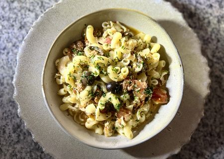 Pasta Pronto — cavatappi with chorizo, olives, baby tomatoes and blue cheese