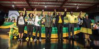 The ANC's new top seven leadership from left: second deputy secretary-general Maropene Ramokgopa, first deputy secretary-general Nomvula Mokonyane, secretary-general Fikile Mbalula, chairperson Gwede Mantashe, President Cyril Ramaphosa, deputy president Paul Mashatile and treasurer-general Gwen Ramokgopa.19 December 2022. (Photo: Leila Dougan)