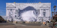 PARIS, FRANCE - SEPTEMBER 08: As part of the restoration of the Palais Garnier, French street artist JR was invited by the Opera de Paris to paint a gigantic fresco on the scaffolding covering the monument on September 08, 2023 in Paris, France. Return to the Cave - Act I - The entrance to the cave from September 6 to 25, 2023, the façade of the Opera will be transformed to reveal the entrance to an immense cavern opening onto a perspective of rock and light. (Photo by Pierre Suu/Getty Images)