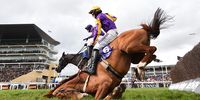 CHELTENHAM, ENGLAND - MARCH 11: Copperhead ridden by Harry Cobden and Easy Game ridden by Danny Mullins fall during the RSA Insurance Novices' Chase (Grade 1) at Cheltenham Racecourse on March 11, 2020 in Cheltenham, England. (Photo by Dan Mullan/Getty Images)