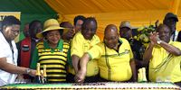 epa07269648 South African President Cyril Ramaphosa (2-L) and former President Jacob Zuma (2-R) during the African National Congress (ANC) 107th anniversary in Durban, South Africa, 08 January 2019. The country will be holding its 5th democratic election in May, 25 years after the end of Apartheid in 1994. The ANC have been in power since the end of the all-white rule of the NP (National Party). It is expected that the ANC will retain power.  EPA-EFE/STR