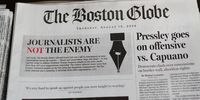 CAMBRIDGE, MA - AUGUST 16:  The front page of the Thursday, August 16, 2018 edition of the Boston Globe newspaper reads "Journalists are Not the Enemy" as it sits for sale at Out of Town News on August 16, 2018 in Cambridge, Massachusetts.  Hundreds of U.S. newspapers joined together and published editorials decrying President Donald Trump's description of the media as the "enemy of the people."  (Photo by Tim Bradbury/Getty Images)